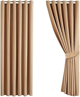 Aspire Homeware Blackout Curtains 90x90 for Living Room - Eyelet Bedroom Curtains with Tiebacks Window Treatments Super Soft Thermal Black Out Beige Curtain & Drapes, 2 Panels