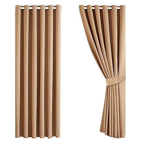 Aspire Homeware Blackout Curtains 90x90 for Living Room - Eyelet Bedroom Curtains with Tiebacks Window Treatments Super Soft Thermal Black Out Beige Curtain & Drapes, 2 Panels