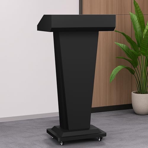 GARVIN Metal Podium Stand with 4 Locking Wheels, Mobile Metal Lectern with Storage Cabinets, Laptop Desk, 46.5”H Modern Pulpit for Church, School, Office and Conference, Black