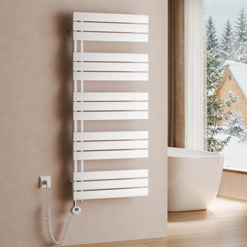 S'AFIELINA toallero eléctrico con termostato Blanco, 1320x600mm, 800W, radiador eléctrico para Toallas, Resistencia eléctrica, Temporizador, termoarredo para baño, Panel con conexión Lateral