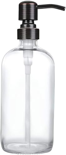 Dispensador de jabón en tarro de vidrio transparente con bomba de bronce aceitado, dispensador de botellas redondas de 16 onzas con bomba de acero