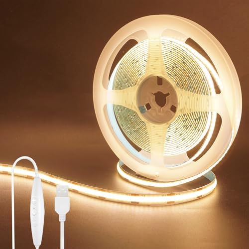 クリアヒル(Clearhill)5V COB LEDストリップライト 調光スイッチ付き 3M 温白色 3000K LED320個/M 強力な光 幅8mm 非防水IP20 1.5MUSBスイッチケーブル DIY 家庭のインテリア用