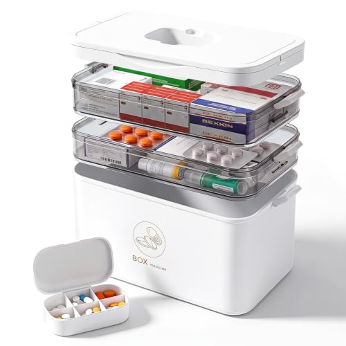 Organizador de almacenamiento para medicamentos de 3 niveles con estuche portátil para pastillas, caja portátil de primeros auxilios con capas extraíbles, contenedor médico transparente para medicamentos, vitaminas y suministros de emergencia miniatura 1