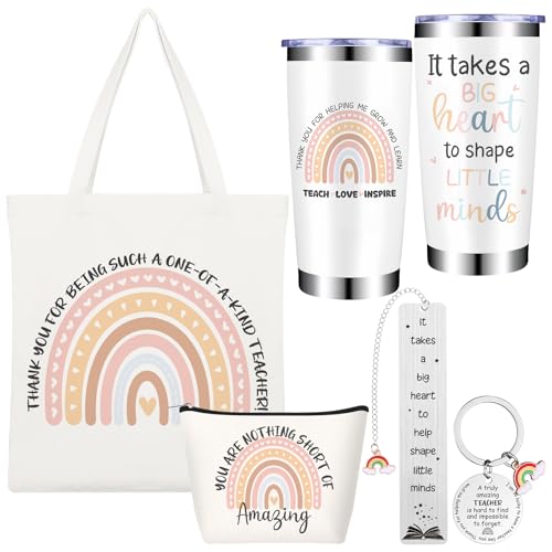 ULELE 5 Pcs Thank You Teacher Gifts for Women, Teacher Appreciation Gift with 20oz Tumbler Mug Canvas Tote Bag Makeup Bag Keychain Bookmark Leaving Inspirational Gift from Students End of The Year