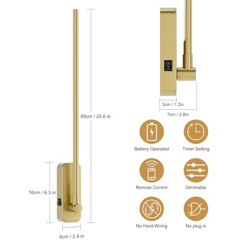 Image of Aipsun Battery Operated Wall Sconces,Wireless Wall Light with Remote Control Rechargeable Gold Battery Wall Sconce 350Rotate,Dimmable LED Wall Lights for Living Room,Bedroom (3000K&4000K&6000K)