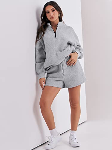 Anrabess Women 2 Piece Sweat Set 2023 Fashion Clothes Set Outfits Sweatsuit Fleece Oversized Half Zip Sweatshirt & Short Set Lounge Matching Tacksuit Set 1030Qianhuahui-S #TOP6