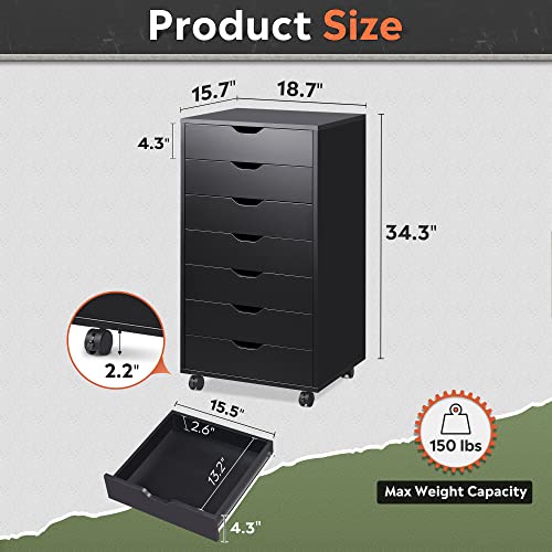 Image of DEVAISE 7-Drawer Office Cabinets, Wood Storage Drawer File Cabinet with Wheels, Black
