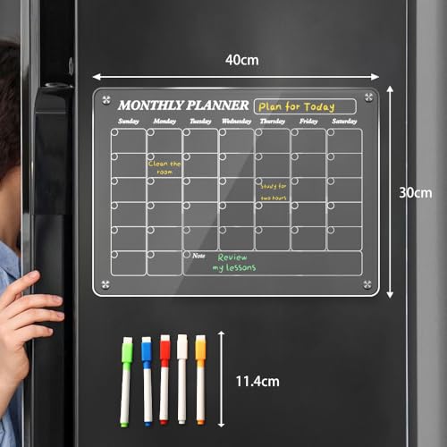 Magnetic Acrylic Refrigerator Calendar, 12" x 16" Clear Refrigerator Calendar Dry Erase Magnetic Refrigerator Planner Set with 5 Colored Highlighter Markers - Image 3
