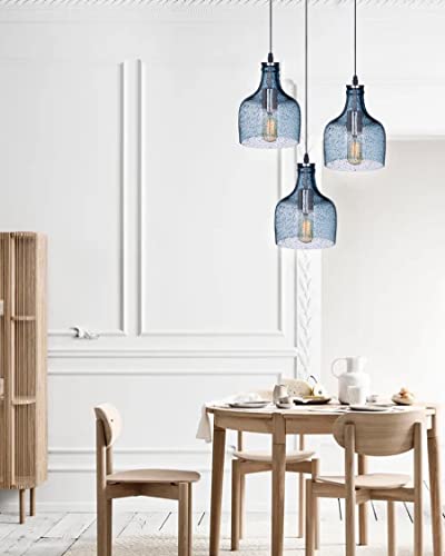 Casamotion Pendant Lights Kitchen Island Glass Pendant Lighting Marble Blue Hanging Light Fixtures Rustic Drop Ceiling Lights Over Dining Room Table Bar Light Brushed Nickel 8.2 Inch Height 3 Pack #TOP1