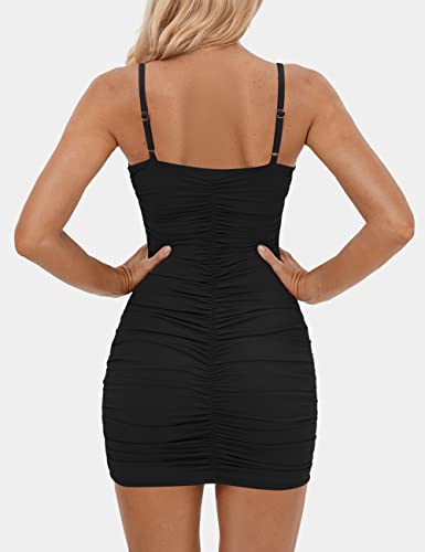BORIFLORS Women's Sexy Sleeveless Ruched Bodycon Spaghetti Strap Mini Club Party Dresses2
