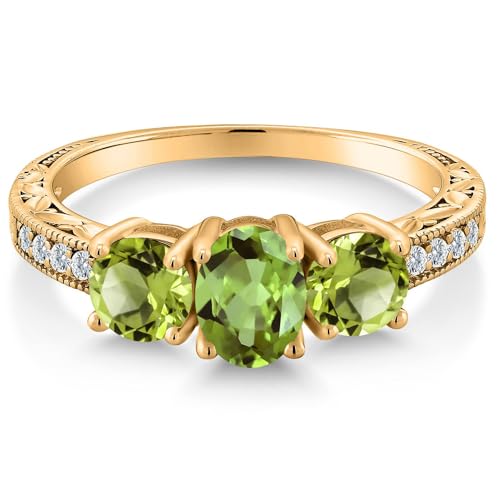 Gem Stone King 1.92 Cttw Green Peridot 18K Yellow Gold Plated Silver Ring | Gemstone Birthstone | Oval 7X5MM and Round 5MM | Available In Size 5, 6, 7, 8, 93
