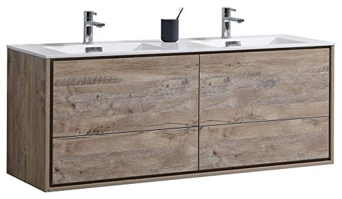 Kube DL60D-NW DeLusso 60" Double Sink Nature Wood Wall Mount Modern Bathroom Vanity