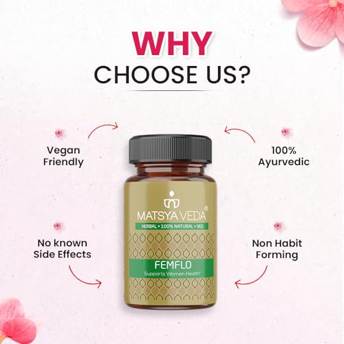 Image of MatsyaVeda Femflo Ayurvedic PCOS Care for Women|With Lodhra, Shatavari, Punarnava and Ashwagandha|15+ Herb Blend for Hormonal Balance and Menstrual Wellness| Pack of 2 X 60 Capsules