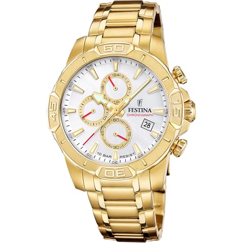 Festina Montre Homme Analogique en Acier Inoxydable 316L Doré - Mouvement Quartz - Chronographe - Calendrier - Verre Minéral Résistant - Étanche 10 ATM...