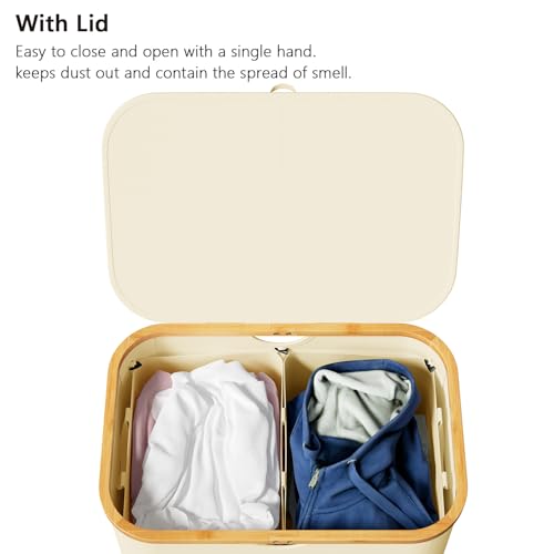 SpaceAid Double Laundry Hamper 2 Section with Lid and Removable Laundry Bags, 160L Clothes Basket with Bamboo Handles, Large Collapsible Hamper for Bedroom, Bathroom, Dorm, Laundry Room - Beige