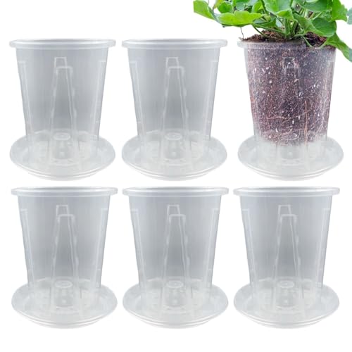 KKLM 植木鉢 透明 底皿付き スリット鉢 透明 プラスチック製 6点セット 根腐れ防止設計で観葉植物に最適 水やり簡単 室内向けプランター