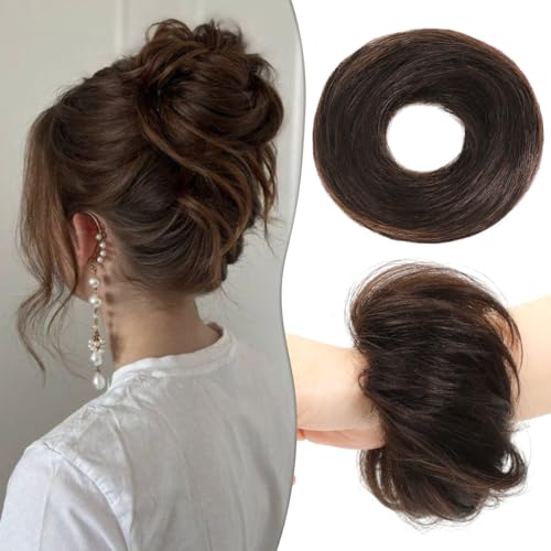 2Pcs Messy Bun Hair Piece 100% Human Hair Bun Scrunchies Natural Tousled Stretchy Fluffy Donut Updo Ponytail Extensions with Elastic Rubber Band Fake Bun Hair for Women Dark Brown