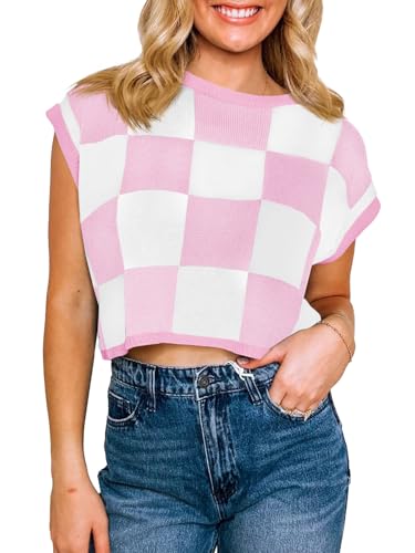Image of Saodimallsu Womens Cap Sleeve Crop Tops Summer Color Block Going Out Crew Neck Knit Trendy Casual Sweater
