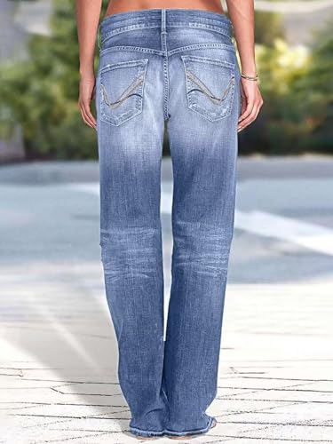 Flamingals Women's Low Rise Straight Leg Jeans Stretchy Ripped Raw Hem Casual Denim Jeans3