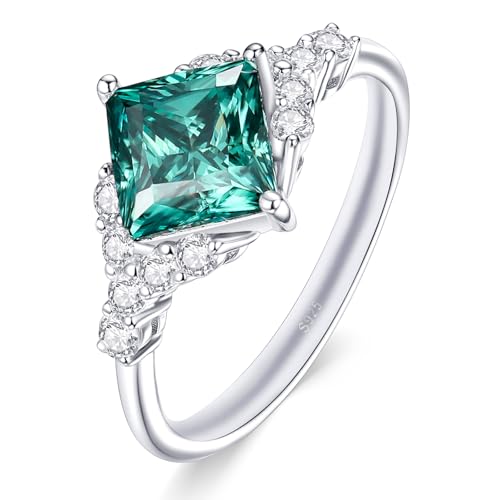 1.9CTTW Princess Cut Blue Green Moissanite Engagement Rings for Women 925 Sterling Silver Fashion Statement Cluster Ring Gorgeous Anniversary Jewelry Gift Size 5-10