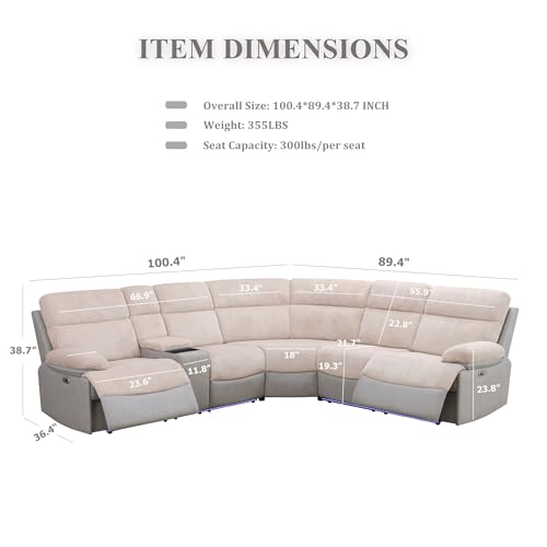 Image of Power Recliner Sectional Sofa, Beige & Grey Plush Sofa, Sectional Couch with Storage Console, Reclining Living Room Sofa with USB /LED Lights