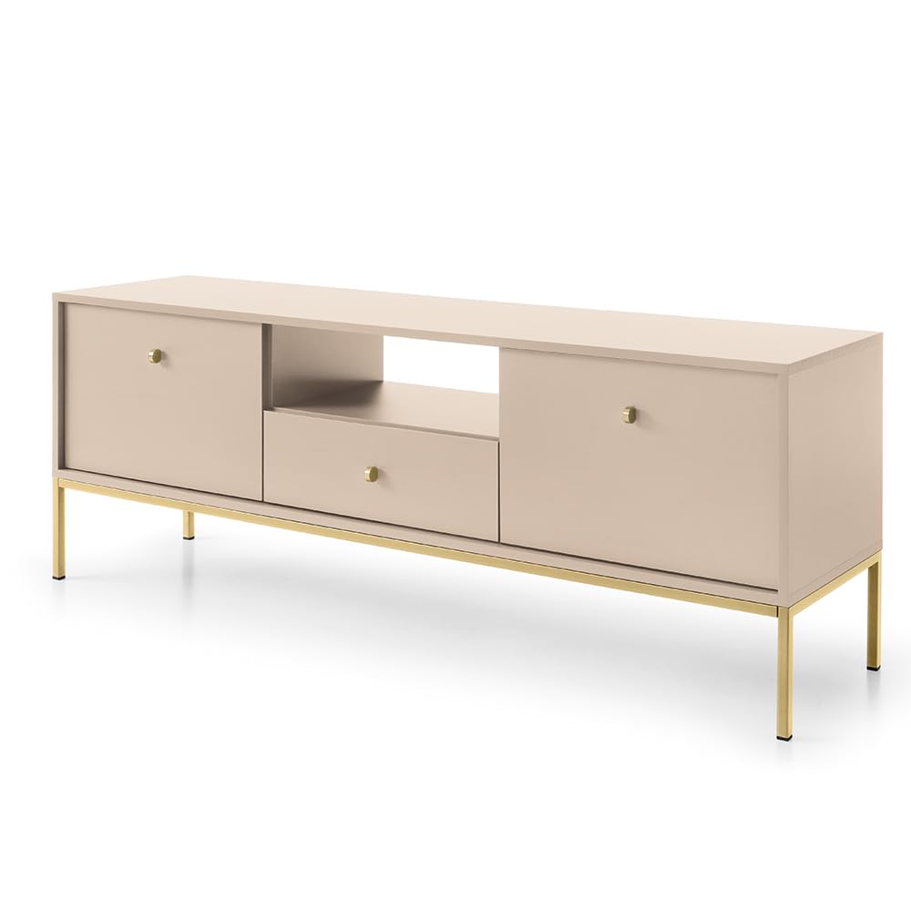 Lomadox Wohnzimmermöbel Wohnwand beige, Fußgestell goldfarben 2-teilig, 1 Lowboard, 1 Highboard