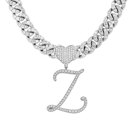 BLBLJERY Z Initial Necklace Silver Cuban Link Chain for Women Iced Out Chain with Heart Letter Pendants Custom Chain Name Necklace Hip Hop Jewelry Gift
