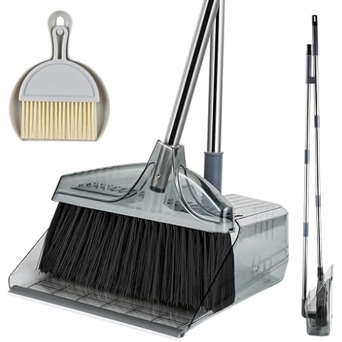 Broom with Dustpan Combo Set, Broom and Dustpan Set with Long Handle, Kitchen Broom Dust Pan and Brush Set, Standing Dustpan and Black Broom for Sweeping Indoor Outdoor Home Office Lobby Floor Cover