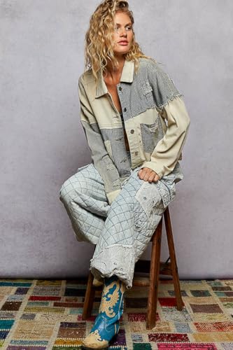 POL Clothing Women's Distressed Denim Jacket, Button Down Collar, Thermal Mixed Fabric, Oversized Fit, Striped Patchwork2