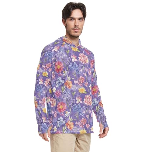 Sunny Daisy Flowers Purple Mens Sun Shirts Protection Long Sleeve Beach Hoodie Swim Shirt UPF 50+ S2