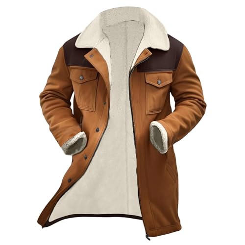 Men's Faux Shearling Sherpa Lined Overcoat Retro Faux Suede Trench Coat Notched Collar Pea Coat Button Down Outerwear4