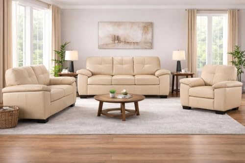 Image of Torque Antos Modern 6 Seater Leatherette Sofa 3+2+1 Seater -Beige | Comfortable 6 Seater Sofa Couch | Leatherette Sectional 3+2+1 Seater Sofa for Living Room