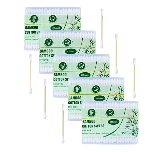Bamboo Cotton Swabs 1000 Count|Double Round Biodegradable Cotton Buds|5 packs of 200ct