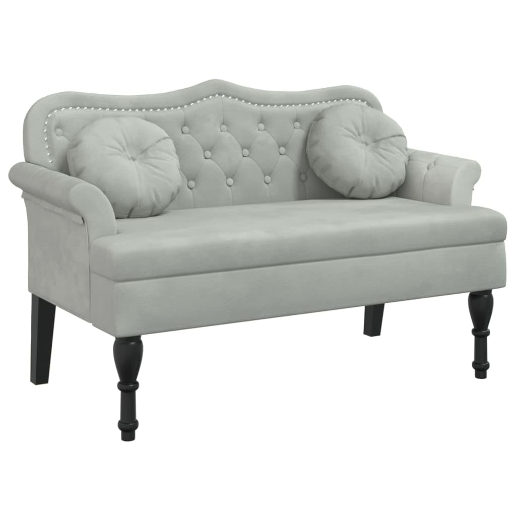 Banco de terciopelo gris claro, 120,5 x 65 x 75 cm, con cojín, banco acolchado con acolchado grueso, respaldo y reposabrazos, cierre de botones y patas de madera de madera maciza de caucho