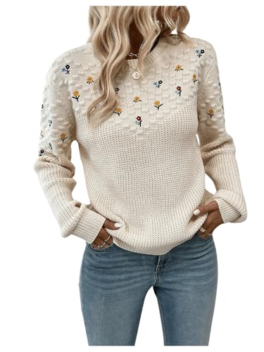 Women's Floral Embroidery Sweaters Long Sleeve Round Neck Knitted Pullover Tops