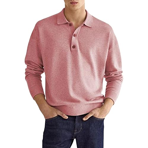 Mens Fashion Henley Shirts Casual Long Sleeve Button Cotton T-Shirt Lightweight Business Polos Sweater Tops (Large,Pink)