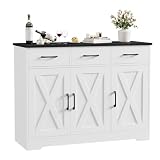 HOSTACK Modern Farmhouse Buffet Sideboard Cabinet, Barn Doors Storage Cabinet with Drawers and Shelves, Wood Coffee Bar with Storage for Dining Room, Kitchen, Living Room, White/Black