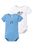 Kurzarm-Babybodys für Jungen im praktischen Doppelpack aus der SCHIESSER-Serie Farmer Boy in Weiß mit Traktor-Print und Schriftzug Held auf dem Feld in Blau mit Traktor-Print und Schriftzug Kleiner Bauer beide Bodys mit weitem, amerikanischem Halsausschnitt praktische Druckknöpfe im Beinbereich für ein unkompliziertes Umziehen