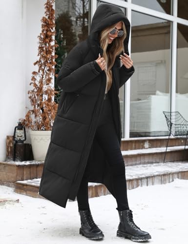 Vancavoo Wintermäntel Damen Lang Winterjacke Winter Daunenmantel Warm Steppmantel Jacke Mäntel Winterparka Daunenjacke mit Kapuze,Schwarz,L