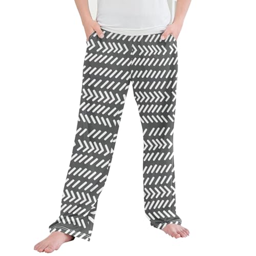 Boho Bohemian Geometric Line Long Pajama Pants Elastic Waist PJ Bottoms with Pockets S A111052