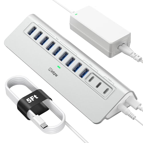 Image of Powered USB Hub 10Gbps, intpw YH9AC 12-Port USB 3.2 Hub with USB A /USB C 3.2, 7 USB 3.0, 2 PD 45W Charging Port, 65W Power Adapter + 5FT Cable, Aluminum USB Hub for Laptop, iPhone 17 /16 /15 /PC