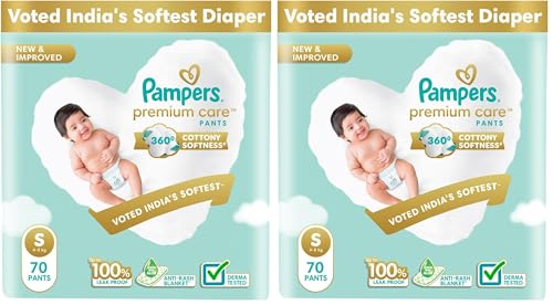 Image of Pampers Premium Care Pant Style Baby Diapers | Small (S size) | 70 Count | Voted India's Softest | All-in-1 with 360 Cottony Softness Diapers | 4-8kg (Pack of 2)