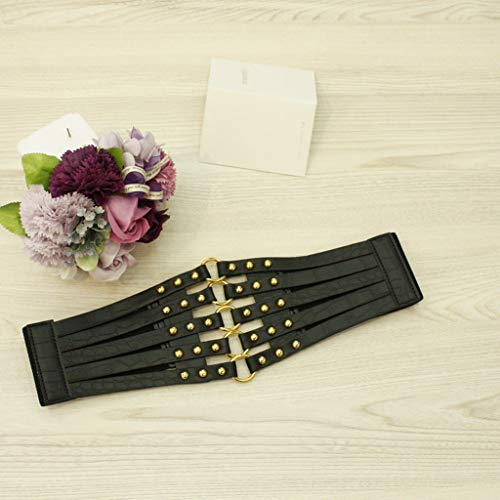 Fityle Senhoras Estiramento Rebites Cinto Cinto Oco Couro Espartilho Vestido Cintura - Preto