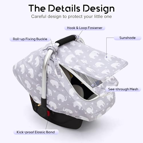 Image of Baby Car Seat Cover, Mink Warm Infant Car Seat Cover for Girls Boys, Universal Carseat Cover with Mesh Peep Window & Sun Shade, Baby Carrier Canopy Cover for Winter Autumn