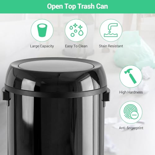Image of Garvee 17 Gal /65 L Round Trash Can, Stainless Steel Swing Top Garbage Can for Kitchen, Heavy Duty Commercial Trash Bin with Swing Lid for Restaurant Home Office, Gloss Black