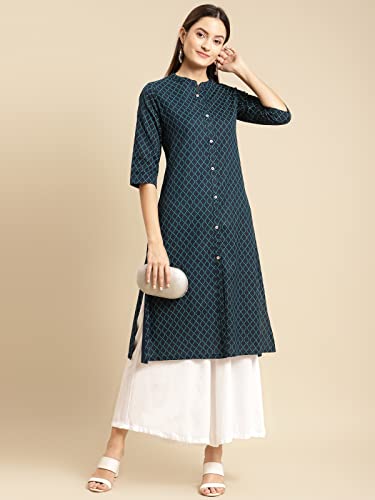 Image of rangita Women Cotton Regular Fit Flex Calf Length Printed Front Slit Kurti | Kurta