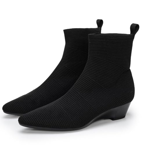 youngshow Women's Black Wedge Ankle Boots, Knit Sock Booties for