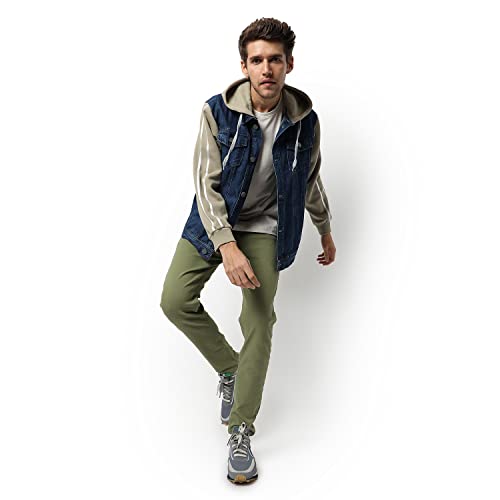 Image of Campus Sutra Men's Medium-Washed Blue & Green Regular Fit Denim Jacket For Winter Wear Hooded Collar Full Sleeve Buttoned Casual, Western Stylish
