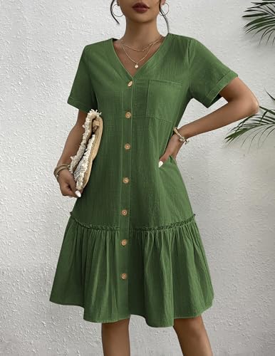 Image of HOTOUCH Women Button Down Dress Loose Summer Cotton Linen Dress Ruffle Hem Casual Dress Short Sleeve Tunic Dress