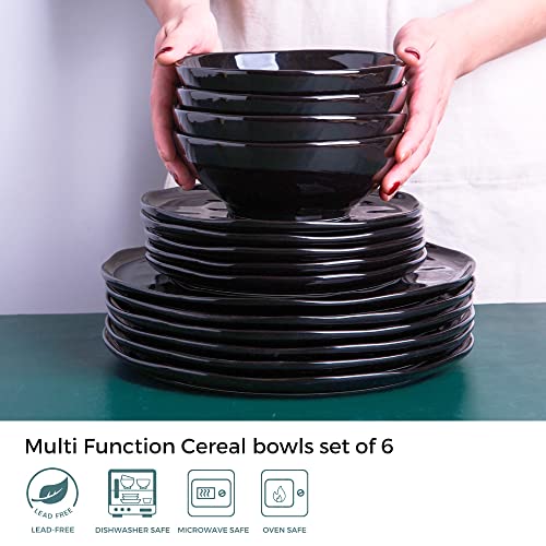 Leratio Ceramic Bowls For Kitchen, 22 Oz Bowl Set Of 6, Handmade Wavy Edge Cereal Bowls, Oven & Dishwasher & Microwave Safe, For Breakfast,Dinner,Lunch,Salad, Pasta, Soup, Dessert-Black #TOP6